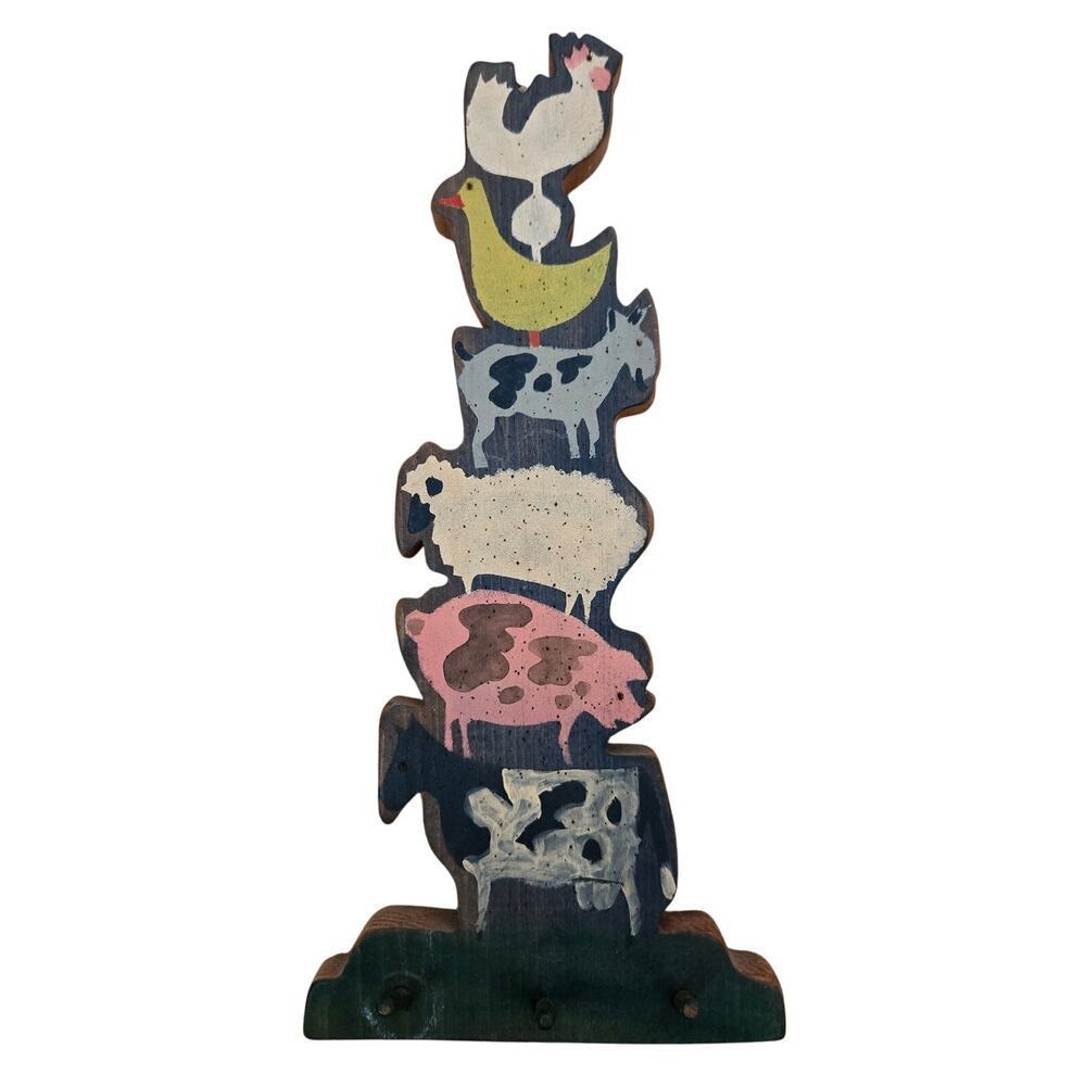 Primitive Folk Animal Stack Cow Pig Goat Goose Chicken Wall Hanging Key Holder